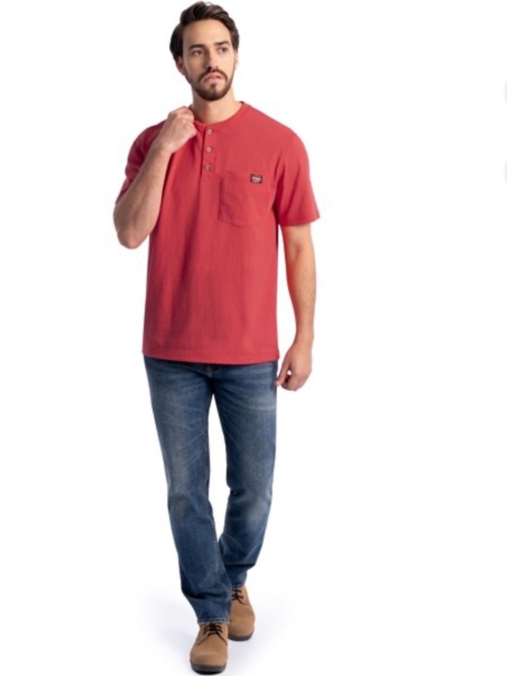 Wrangler Workwear Men's Short Sleeve Henley Pocket Work T-Shirt Tomato XL